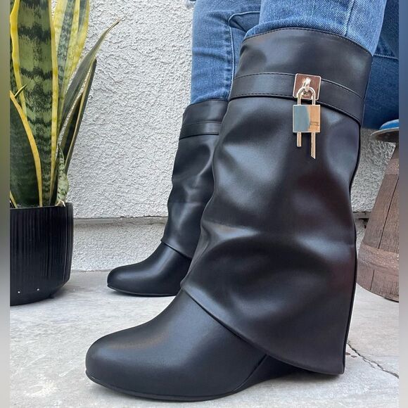 BLACK WEDGE BOOTIE WITH OVERLAP SKIRT WITH GOLD LOCKET CHARM - Picture 5 of 7